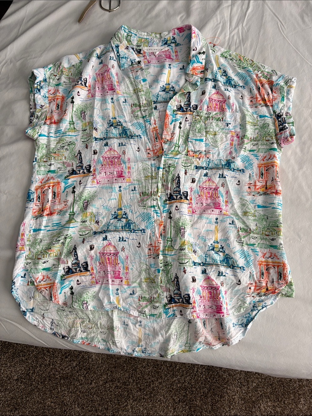 White Button-Up Shirt with Multicolor Architectural Print